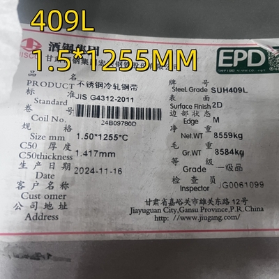 JIS G4312 SUH409L SUS409L Chapa de aço inoxidável laminada a frio de 1,5 mm Finish 2D Para sistemas de escape