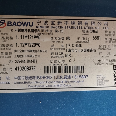 SUS444 2B S44400 EN1.4376 AISI 444 Chapa de aço inoxidável 1.0* 1000mm Largura 1219mm